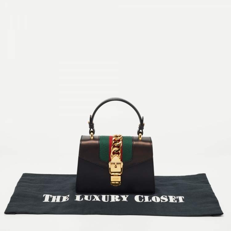 Pre Owned Gucci Black Leather Mini Web Chain Sylvie Top Handle Bag
