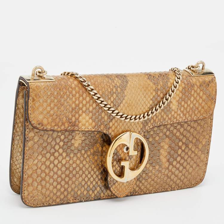 Pre Owned Gucci Metallic Gold Python Leather 1973 Chain Shoulder Bag