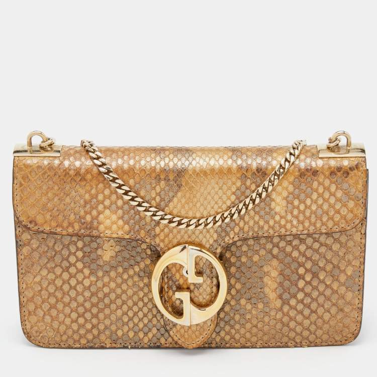 Pre Owned Gucci Metallic Gold Python Leather 1973 Chain Shoulder Bag