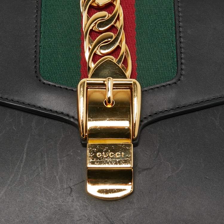 Pre Owned Gucci Black Leather Small Web Sylvie Shoulder Bag