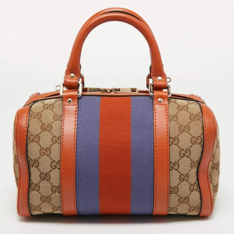 Pre Owned Gucci Beige/Orange GG Canvas and Leather Small Vintage Web Boston Bag