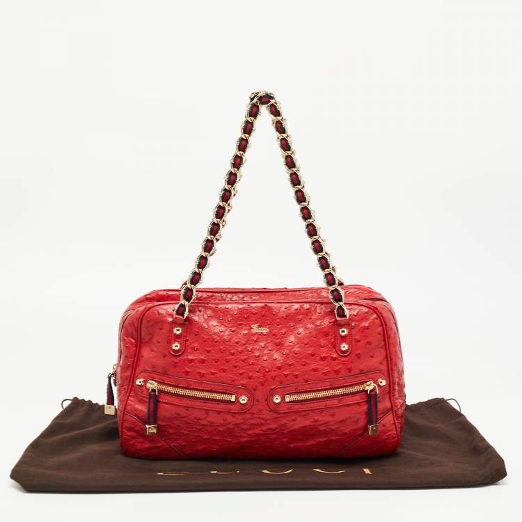 Pre Owned Gucci Red Ostrich Capri Bowler Bag