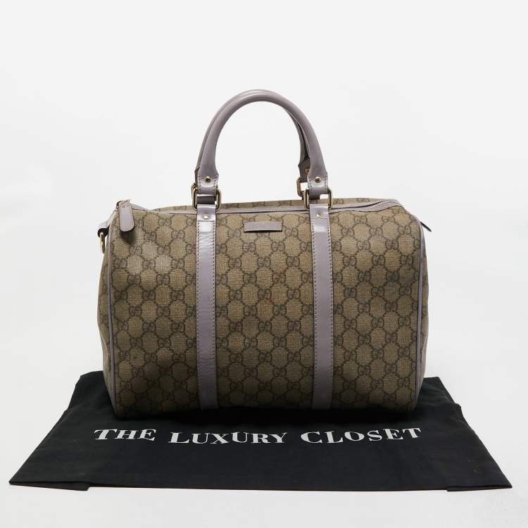Pre Owned Gucci Beige/Purple GG Supreme Canvas and Patent Leather Joy Boston Bag