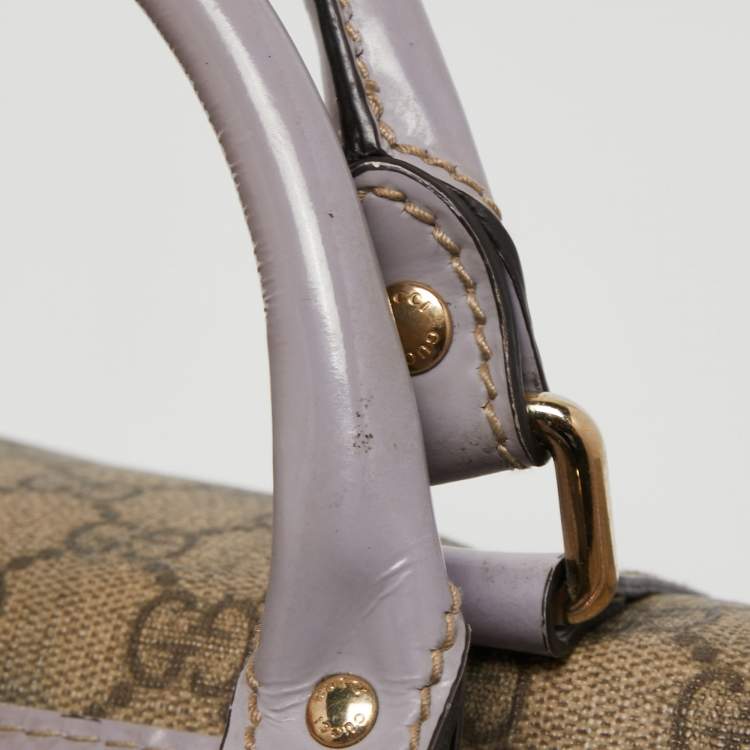 Pre Owned Gucci Beige/Purple GG Supreme Canvas and Patent Leather Joy Boston Bag