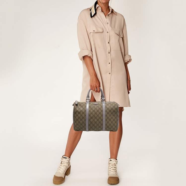 Pre Owned Gucci Beige/Purple GG Supreme Canvas and Patent Leather Joy Boston Bag