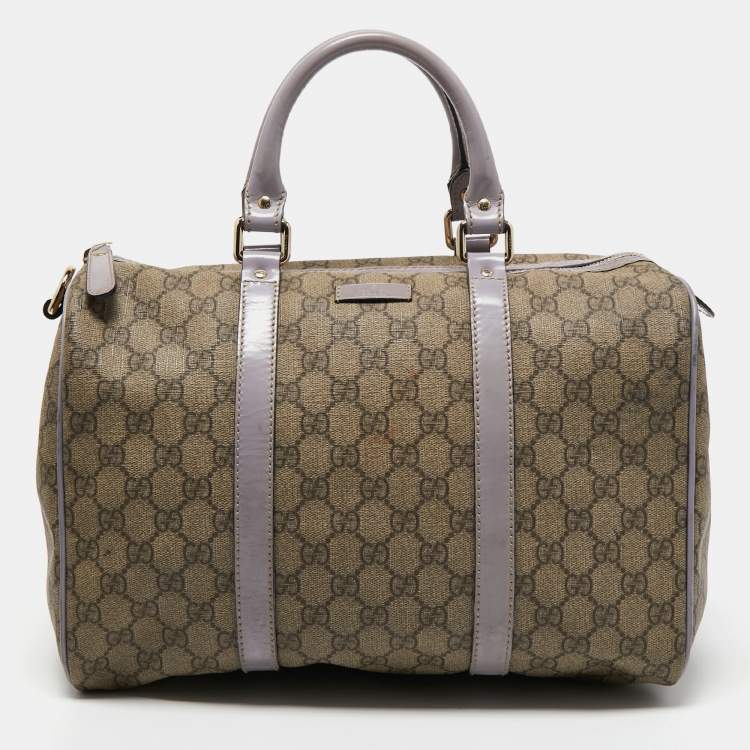 Pre Owned Gucci Beige/Purple GG Supreme Canvas and Patent Leather Joy Boston Bag