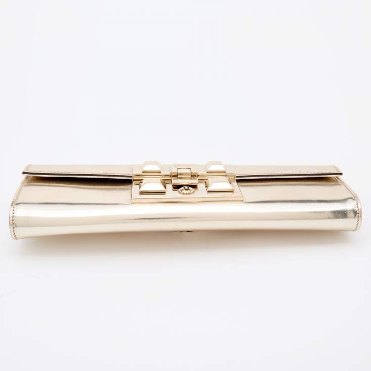 Pre Owned Gucci Metallic Gold Leather Flap Clutch