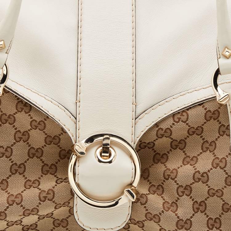 Pre Owned Gucci Beige/White GG Canvas and Leather Travel Satchel