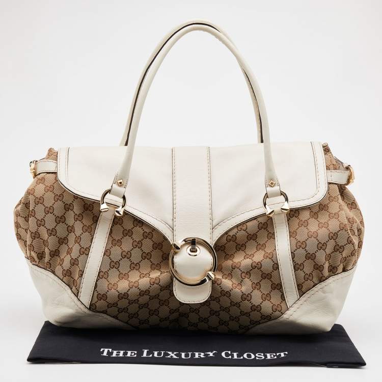 Pre Owned Gucci Beige/White GG Canvas and Leather Travel Satchel