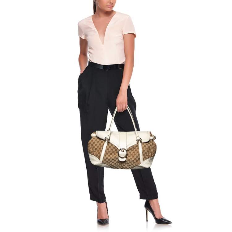 Pre Owned Gucci Beige/White GG Canvas and Leather Travel Satchel