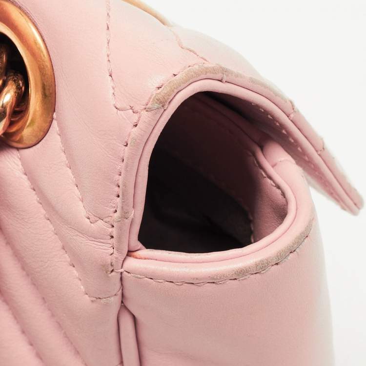 Pre Owned Gucci Pink Matelassé Leather Small GG Marmont Shoulder Bag