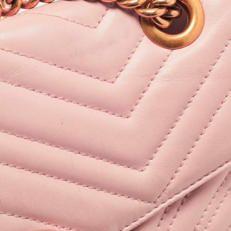 Pre Owned Gucci Pink Matelassé Leather Small GG Marmont Shoulder Bag
