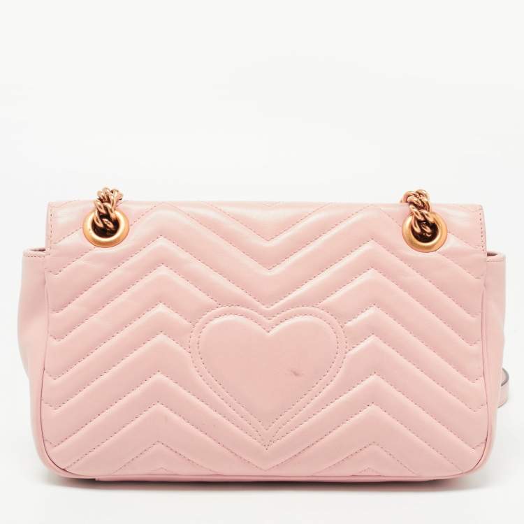 Pre Owned Gucci Pink Matelassé Leather Small GG Marmont Shoulder Bag