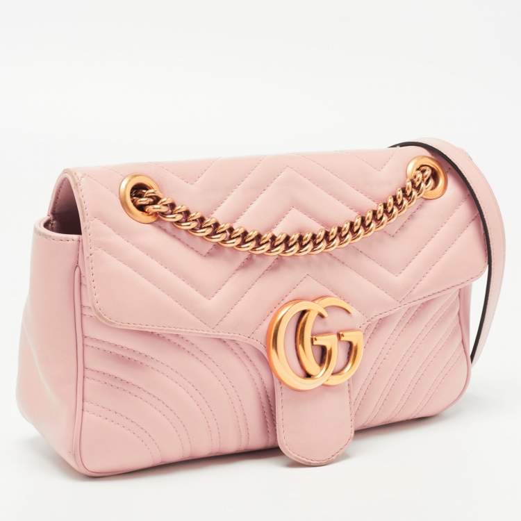 Pre Owned Gucci Pink Matelassé Leather Small GG Marmont Shoulder Bag