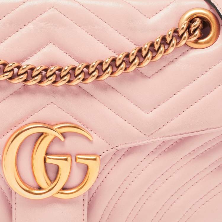 Pre Owned Gucci Pink Matelassé Leather Small GG Marmont Shoulder Bag