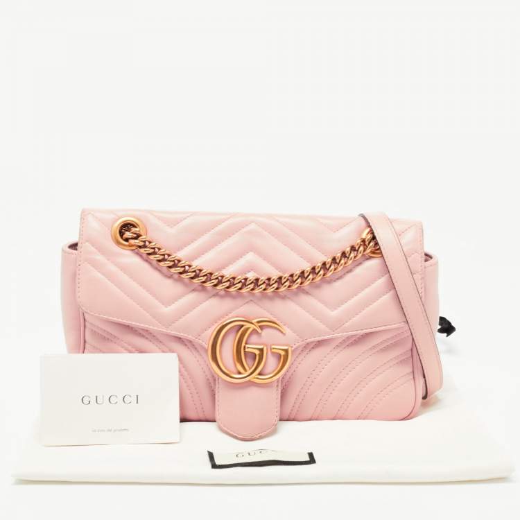 Pre Owned Gucci Pink Matelassé Leather Small GG Marmont Shoulder Bag
