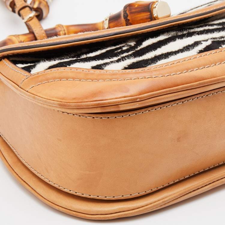 Pre Owned Gucci Brown Zebra Print Calf Hair and Leather Bamboo Top Handle Bag