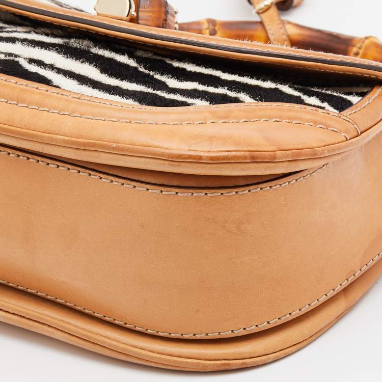 Pre Owned Gucci Brown Zebra Print Calf Hair and Leather Bamboo Top Handle Bag