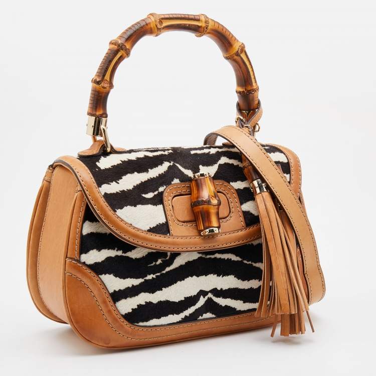 Pre Owned Gucci Brown Zebra Print Calf Hair and Leather Bamboo Top Handle Bag