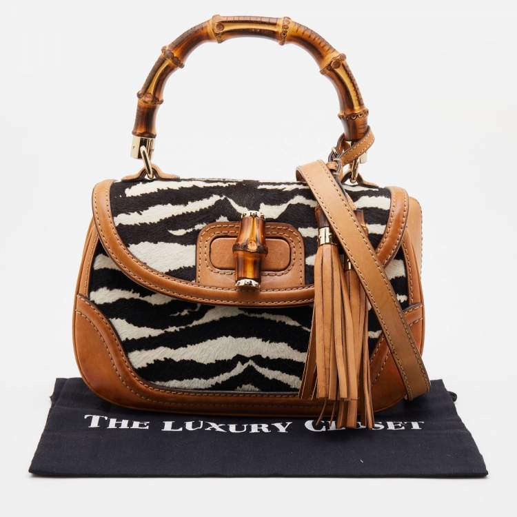 Pre Owned Gucci Brown Zebra Print Calf Hair and Leather Bamboo Top Handle Bag