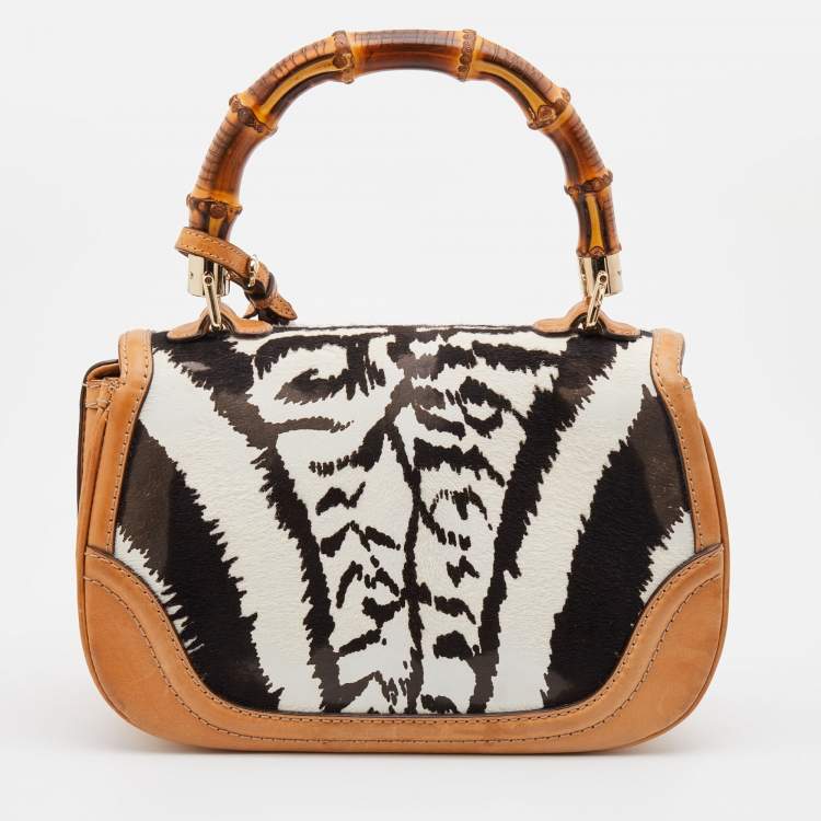 Pre Owned Gucci Brown Zebra Print Calf Hair and Leather Bamboo Top Handle Bag
