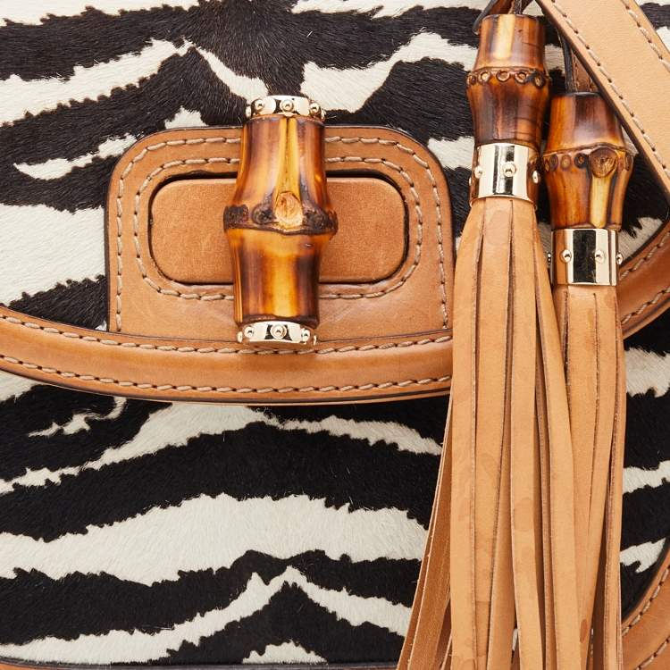 Pre Owned Gucci Brown Zebra Print Calf Hair and Leather Bamboo Top Handle Bag