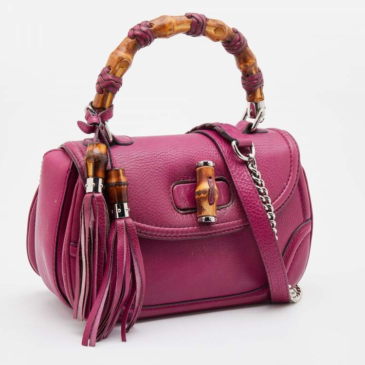 Pre Owned Gucci Pink Leather New Bamboo Top Handle Bag