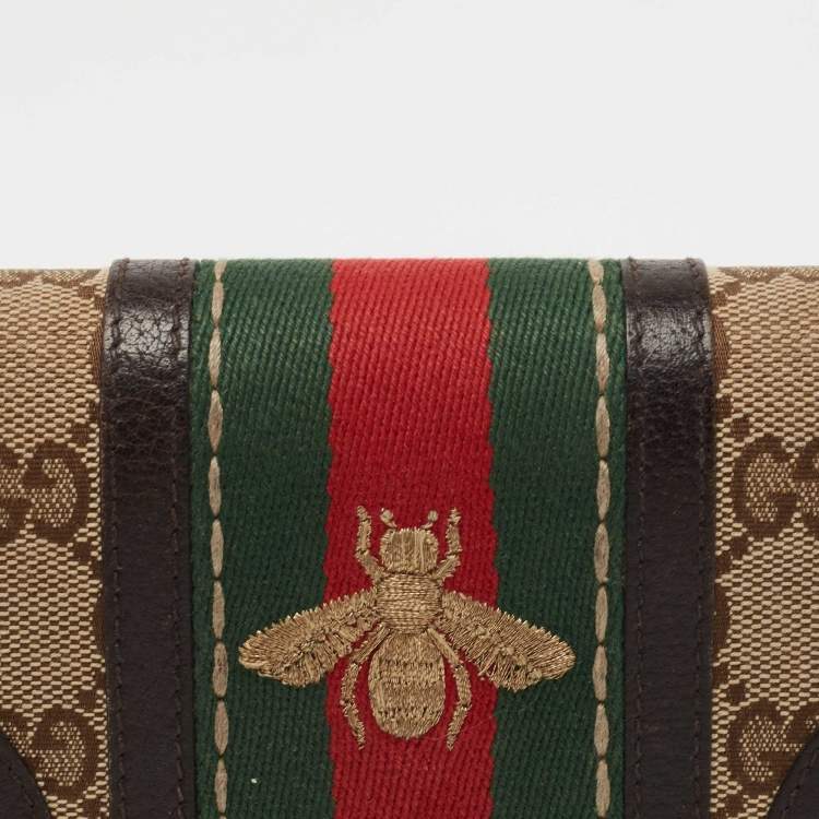 Pre Owned Gucci Brown/Beige Canvas and Leather Bee Web Continental Wallet 