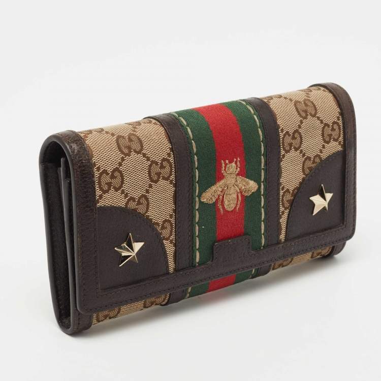 Pre Owned Gucci Brown/Beige Canvas and Leather Bee Web Continental Wallet 