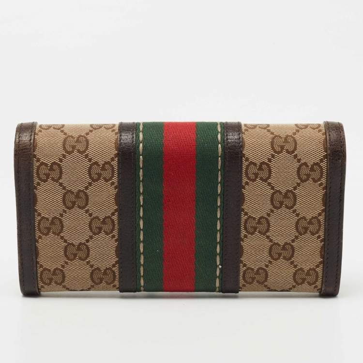 Pre Owned Gucci Brown/Beige Canvas and Leather Bee Web Continental Wallet 