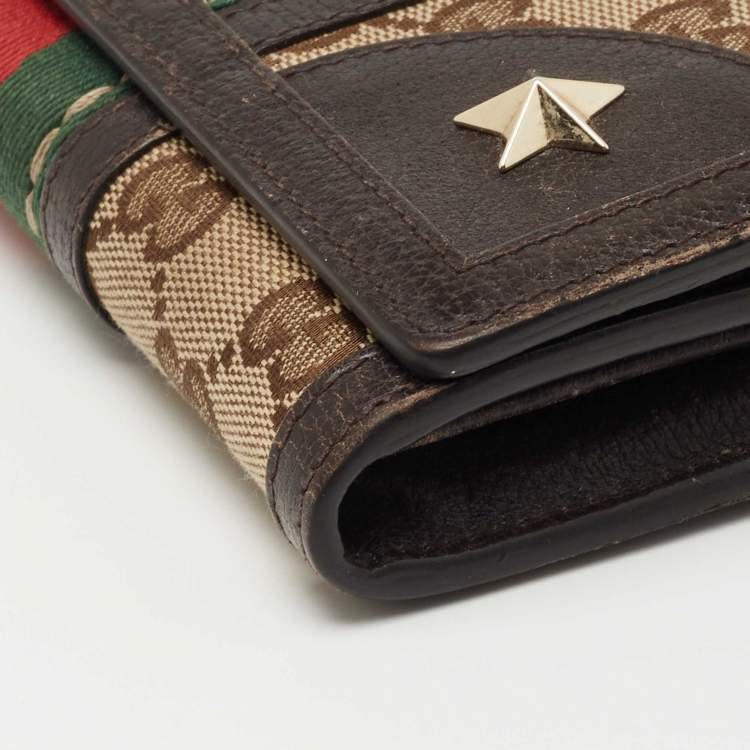 Pre Owned Gucci Brown/Beige Canvas and Leather Bee Web Continental Wallet 