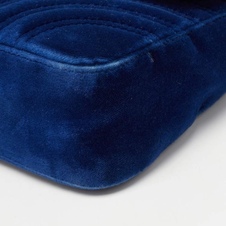 Pre Owned Gucci Blue Matelasse Velvet Mini GG Marmont Shoulder Bag