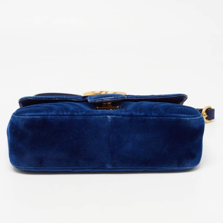 Pre Owned Gucci Blue Matelasse Velvet Mini GG Marmont Shoulder Bag
