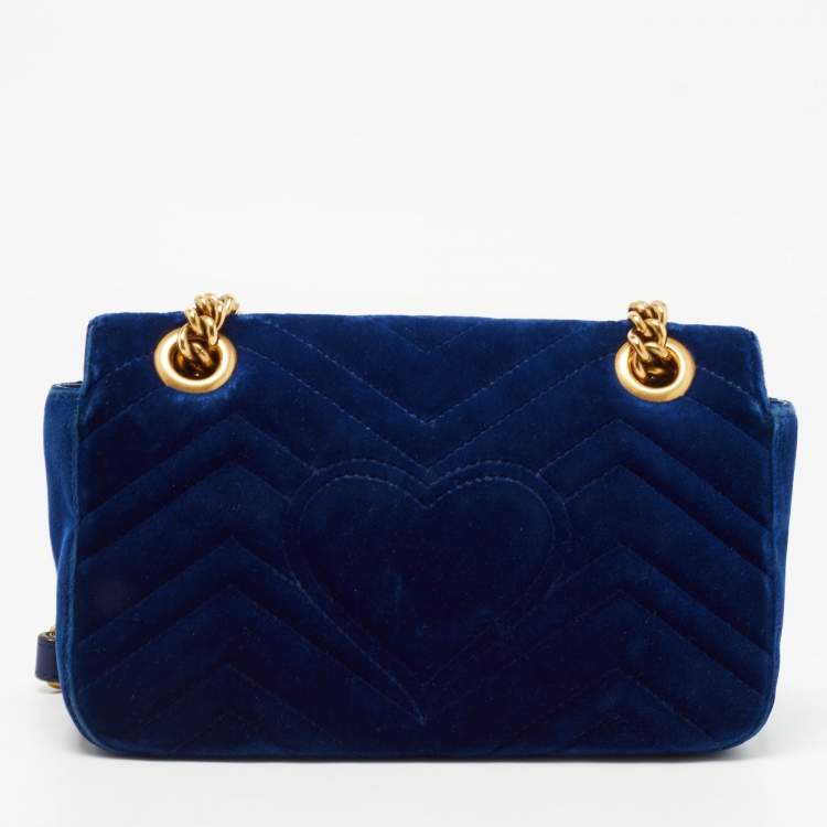 Pre Owned Gucci Blue Matelasse Velvet Mini GG Marmont Shoulder Bag