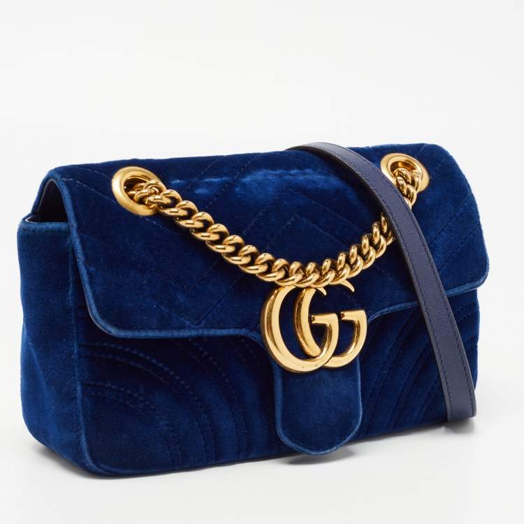 Pre Owned Gucci Blue Matelasse Velvet Mini GG Marmont Shoulder Bag