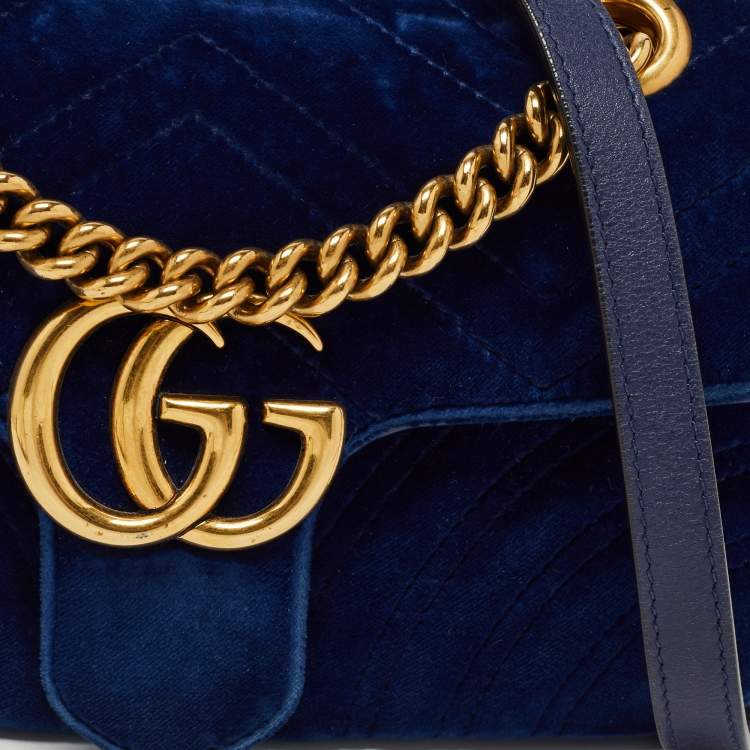 Pre Owned Gucci Blue Matelasse Velvet Mini GG Marmont Shoulder Bag
