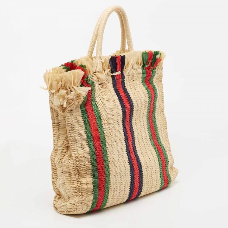 Pre Owned Gucci Natural/Multicolor Woven Straw Cestino Tote
