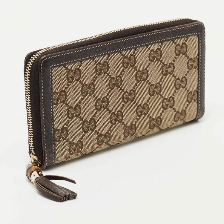 Pre Owned Gucci Beige/Brown GG Canvas and Leather Bamboo Tassel Zip Around Wallet