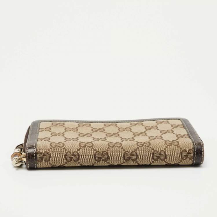 Pre Owned Gucci Beige/Brown GG Canvas and Leather Bamboo Tassel Zip Around Wallet