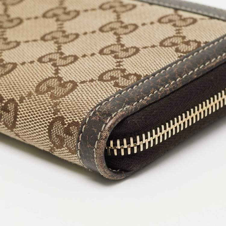 Pre Owned Gucci Beige/Brown GG Canvas and Leather Bamboo Tassel Zip Around Wallet