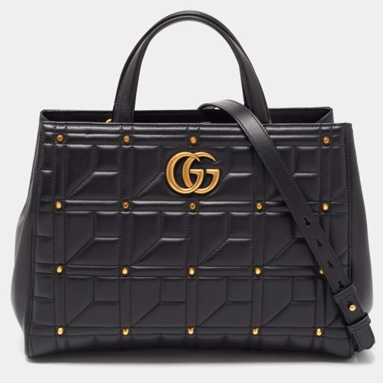 Pre Owned Gucci Black  Matelassé Leather Medium GG Marmont Tote