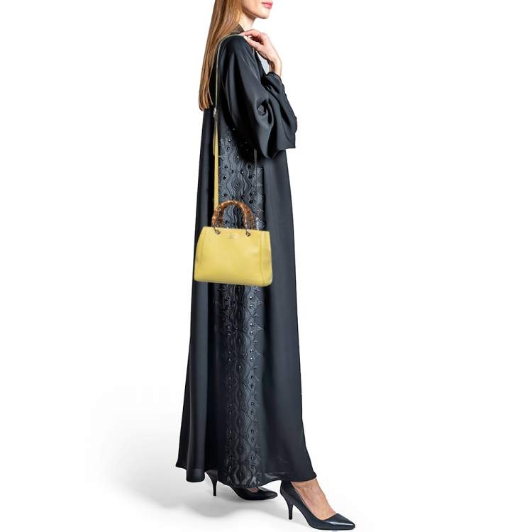 Pre Owned Gucci Yellow Leather Mini Bamboo Tote