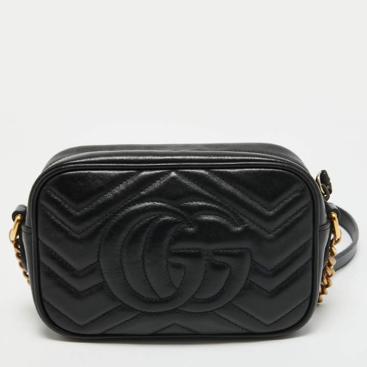 Pre Owned Gucci Black Matelassé Leather Mini GG Marmont Camera Bag
