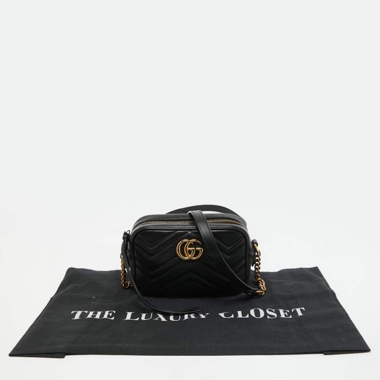 Pre Owned Gucci Black Matelassé Leather Mini GG Marmont Camera Bag