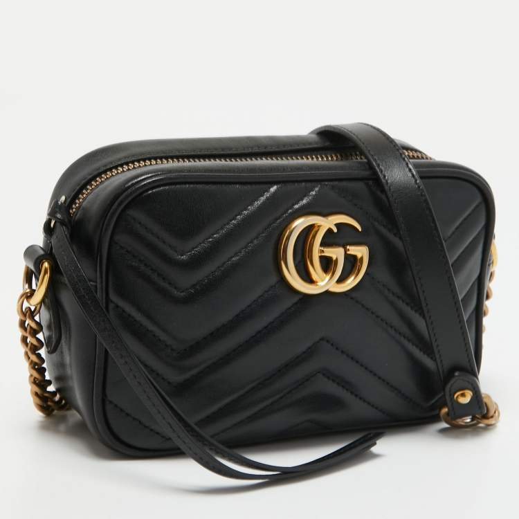 Pre Owned Gucci Black Matelassé Leather Mini GG Marmont Camera Bag
