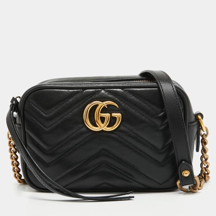Pre Owned Gucci Black Matelassé Leather Mini GG Marmont Camera Bag