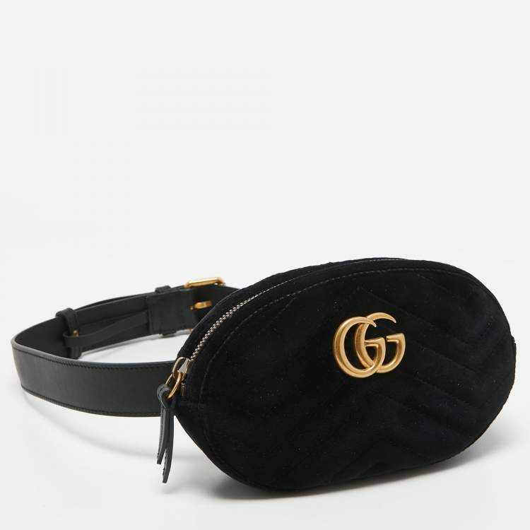Pre Owned Gucci Black Matelassé Velvet GG Marmont Belt Bag