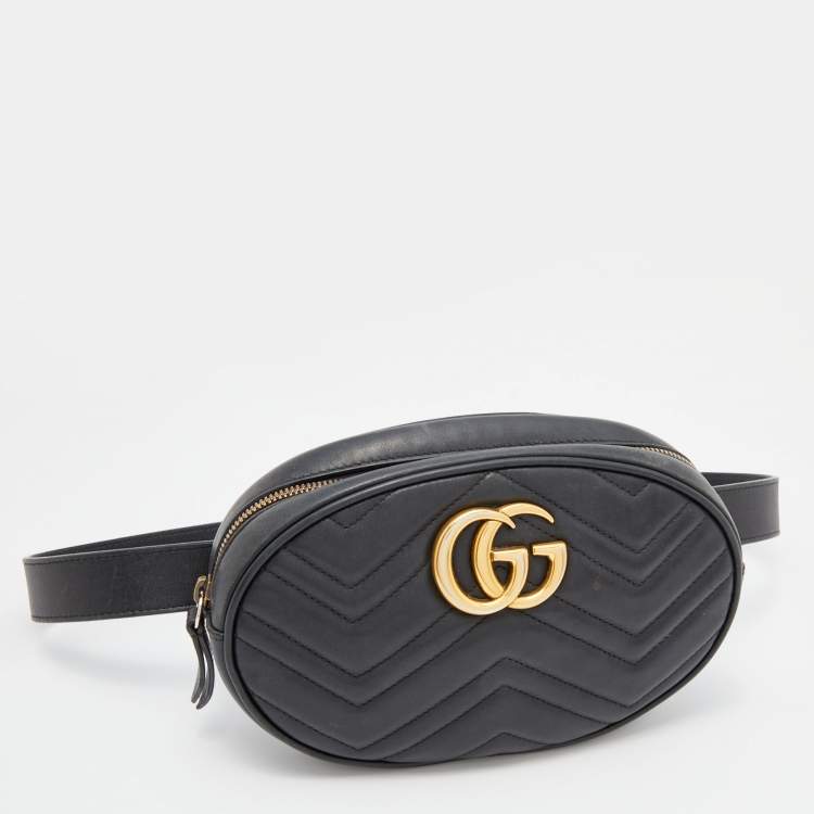 Pre Owned Gucci Black Matelassé Leather GG Marmont Belt Bag