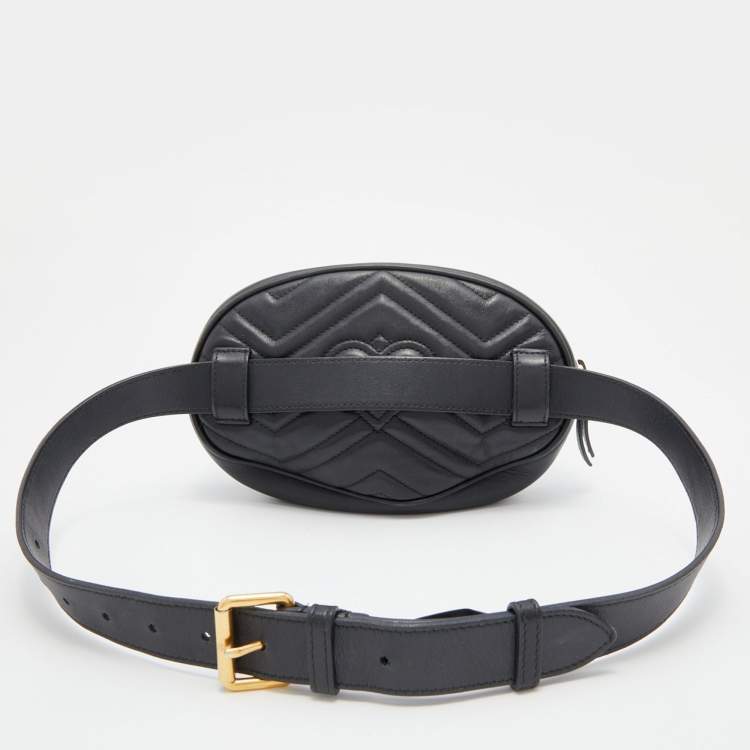 Pre Owned Gucci Black Matelassé Leather GG Marmont Belt Bag