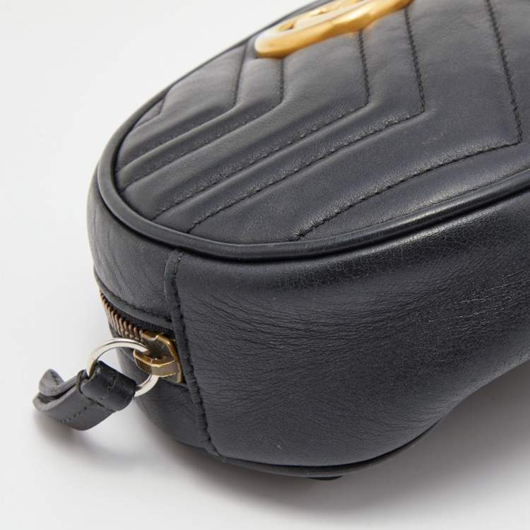 Pre Owned Gucci Black Matelassé Leather GG Marmont Belt Bag